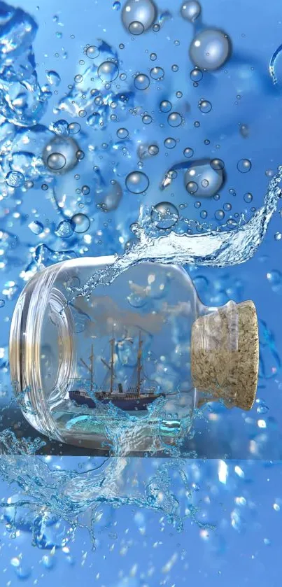 Nautical scene in a glass bottle with water splash in blue hues.