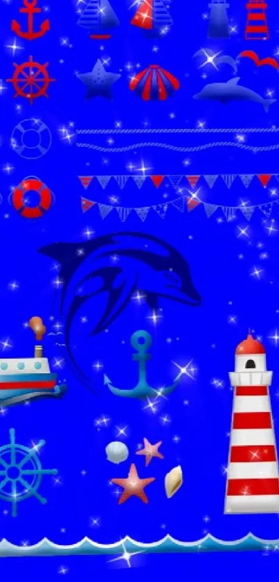 Vibrant blue wallpaper with nautical icons, a dolphin, and lighthouse.