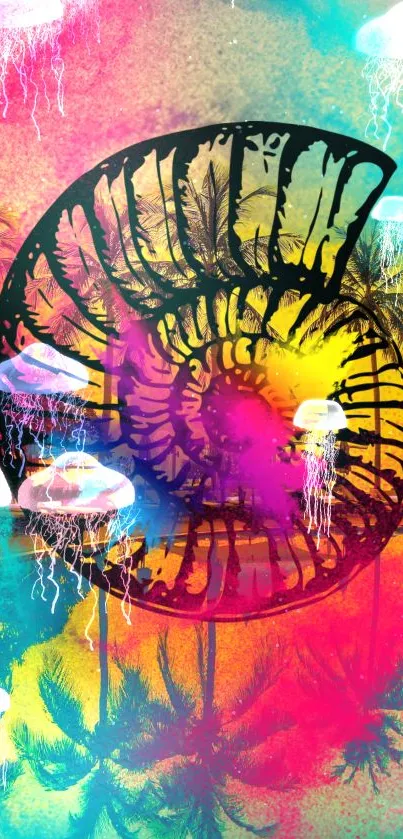 Vibrant nautilus and jellyfish on a colorful, abstract background.