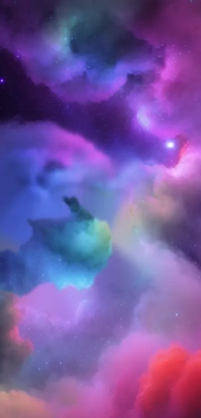 Colorful nebula clouds in vibrant hues of purple and pink for mobile wallpaper.