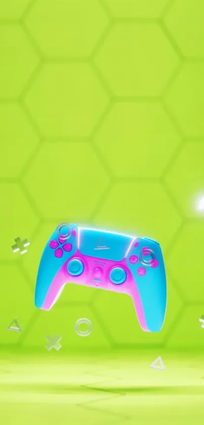 Neon blue controller on lime green hexagon background.