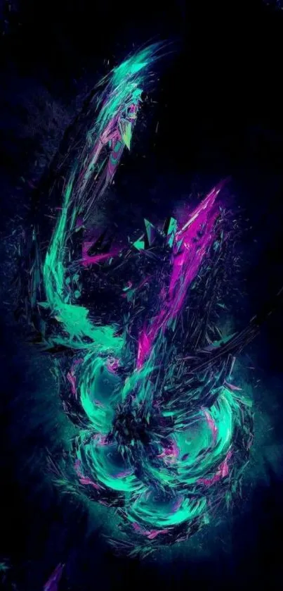 Neon abstract wallpaper with teal and magenta swirls.