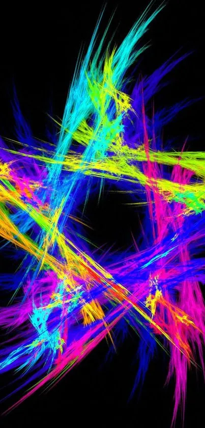 Vibrant neon abstract art wallpaper with colorful streaks on black background.