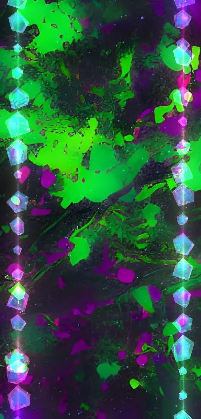 Neon green and purple abstract wallpaper with artistic splashes.