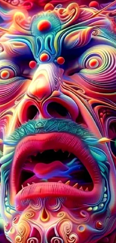 Psychedelic artwork of a surreal face with vibrant colors and intricate patterns.