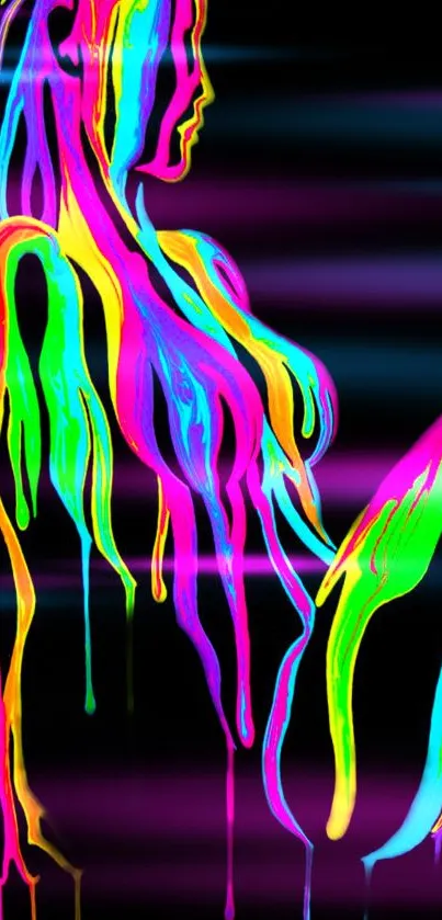 Vibrant neon abstract art wallpaper with fluid colorful shapes on a black background.