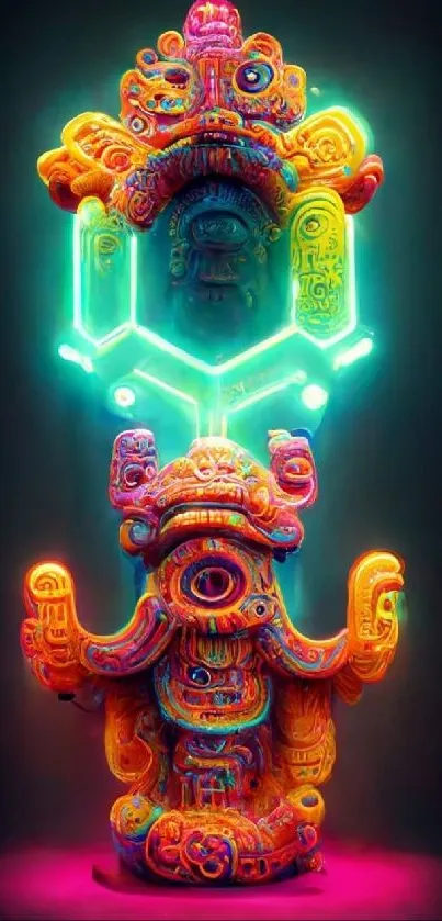 Vibrant neon Aztec pattern art wallpaper with glowing colors.