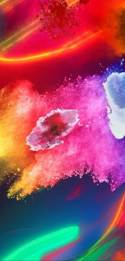 Vibrant neon abstract wallpaper with colorful splashes.