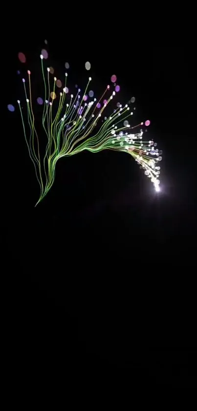 Neon abstract design with colorful light strands on black background.