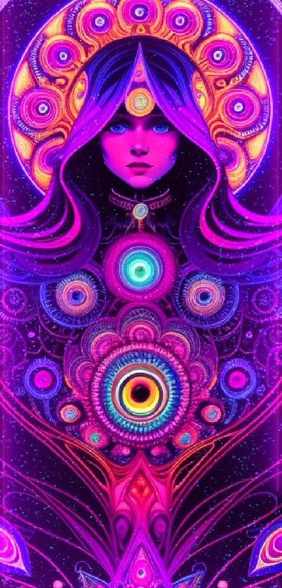 Vibrant neon abstract art wallpaper with psychedelic geometric patterns.