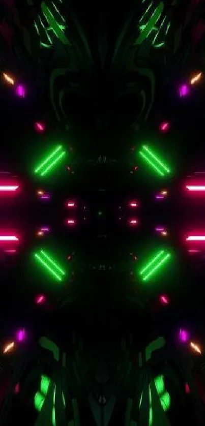 Colorful neon abstract wallpaper with symmetrical light patterns.