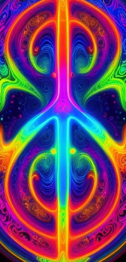 Vibrant neon abstract design with swirling patterns and bright colors.