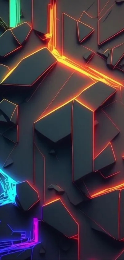 Abstract neon geometric design with vibrant orange and blue lines.