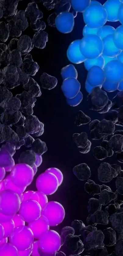 Neon abstract design with glowing spheres.