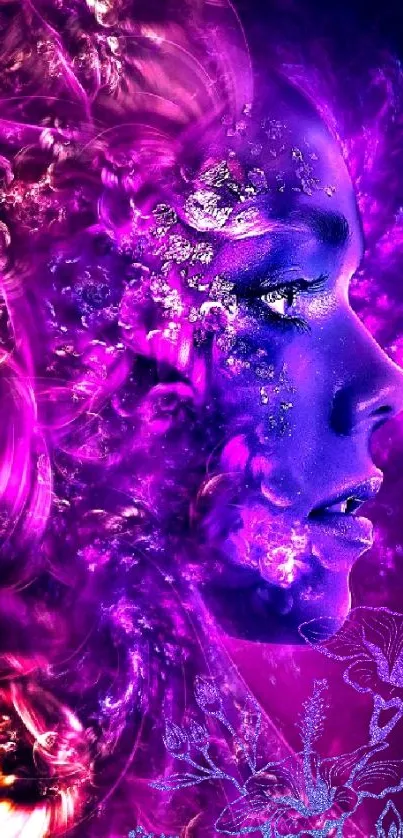 Abstract neon face with purple and pink hues.