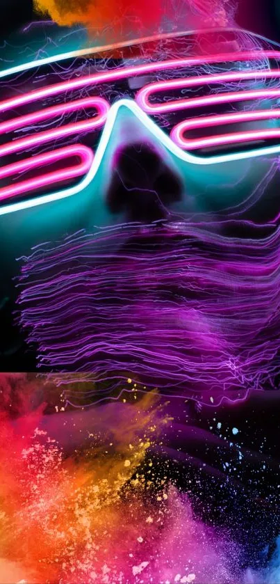 Vibrant neon abstract mobile wallpaper with glowing purple and colorful splash.