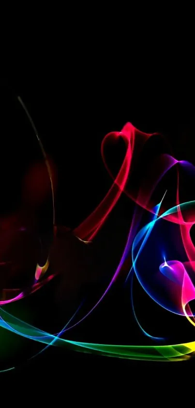 Vibrant neon abstract wallpaper with colorful swirls on a black background.