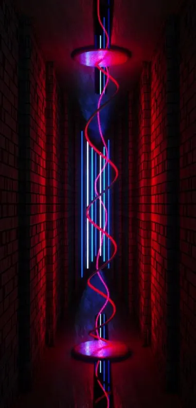 Neon abstract wallpaper with red and blue spiral in a dark corridor.