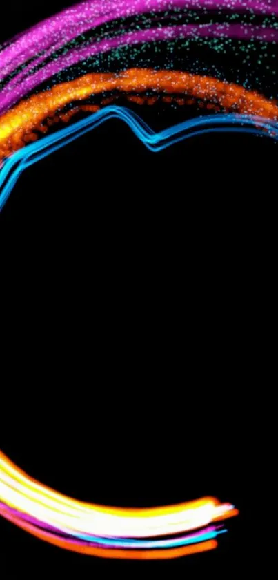 Colorful neon swirl on black background mobile wallpaper.