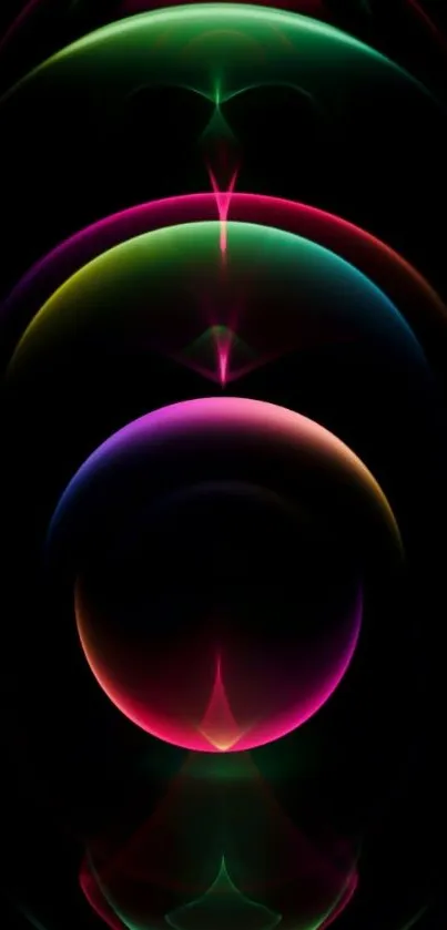 Vibrant neon abstract circles on black background.