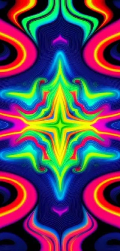 Vibrant neon abstract wallpaper with swirling colorful patterns on dark blue background.