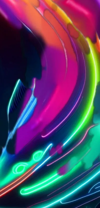 Vibrant neon abstract wallpaper with swirling colors on a dark background.