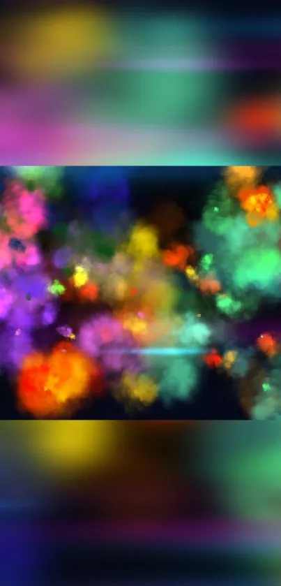 A vivid neon abstract wallpaper with colorful bokeh lights on a dark background.