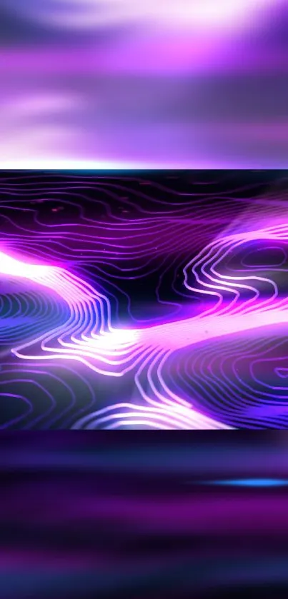 Neon abstract mobile wallpaper with vibrant purple wave patterns.