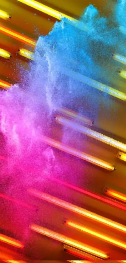 Vibrant abstract wallpaper with neon lights in pink, blue, and yellow hues.