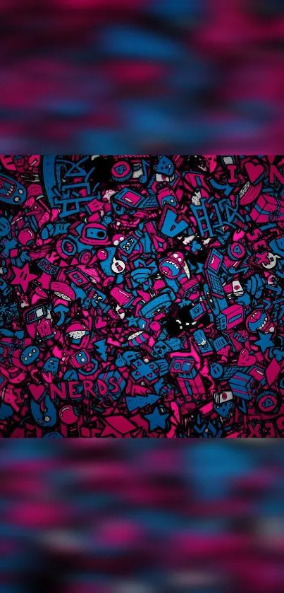 Vibrant neon doodle art wallpaper in pink and blue hues.