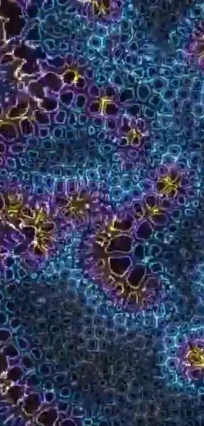 Vibrant neon abstract wallpaper of intricate glowing patterns in blue and purple.