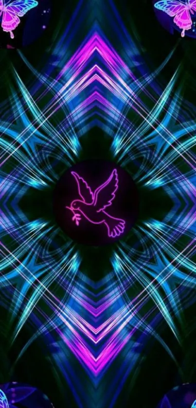 Neon abstract wallpaper with dove and butterfly design.