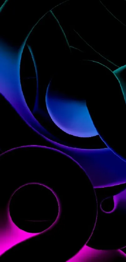 Vibrant neon abstract design with purple and blue curves on a dark background.