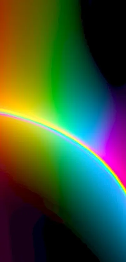 Neon abstract wallpaper with vibrant rainbow spectrum on phone screen.