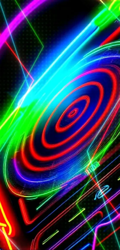 Vibrant neon abstract wallpaper with colorful swirling lights.