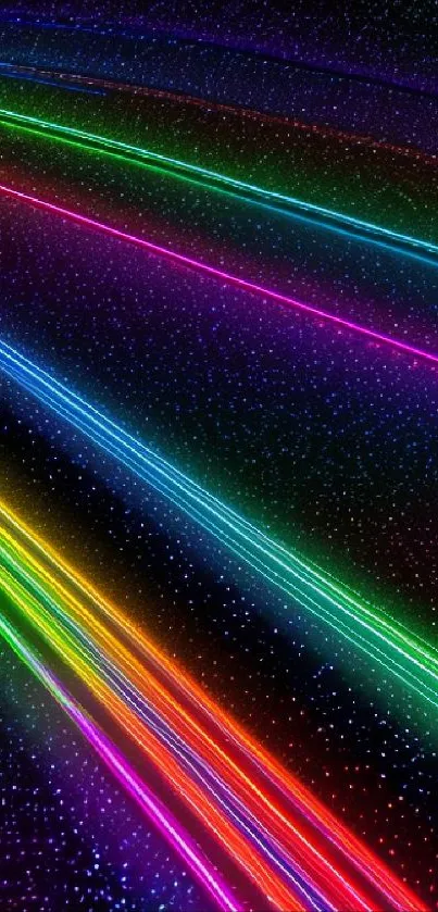 Vibrant neon light streaks on a black starry background mobile wallpaper.