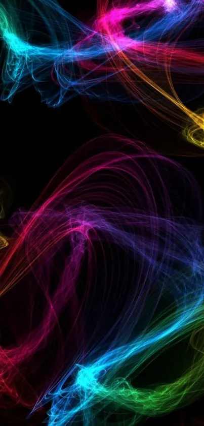 Vibrant neon abstract wallpaper with dynamic swirls on black background.