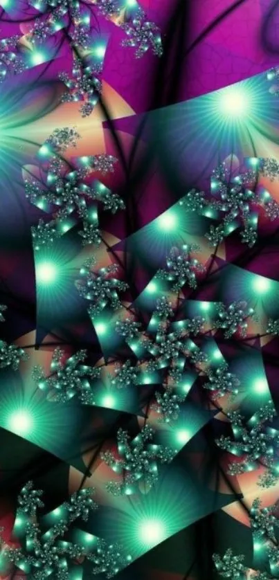 Vibrant neon fractal art wallpaper with glowing abstract patterns.