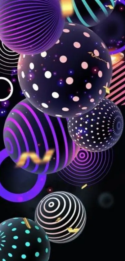 Vibrant neon abstract wallpaper with colorful 3D spheres on a black background.