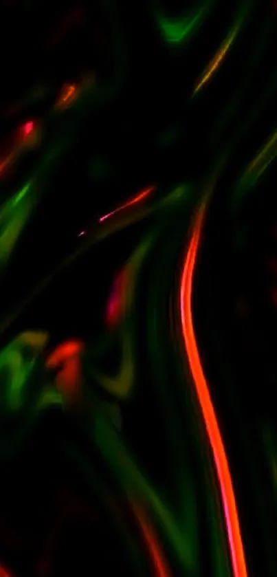 Vibrant neon abstract wallpaper with red, green, and orange streaks on a black background.