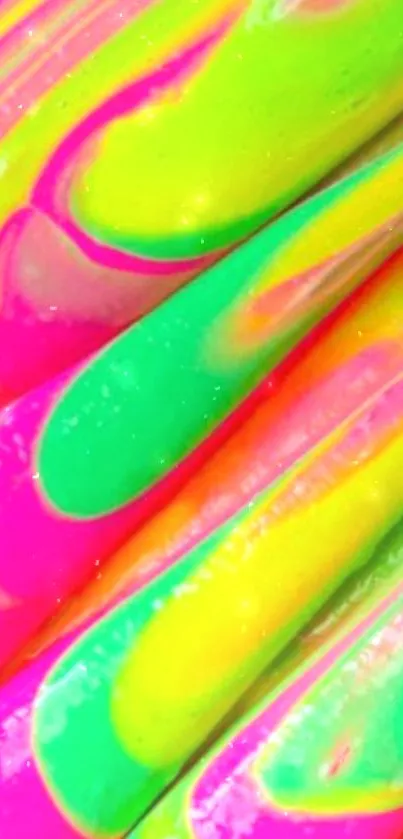 Vibrant neon abstract design with lime green, pink, and yellow swirls.