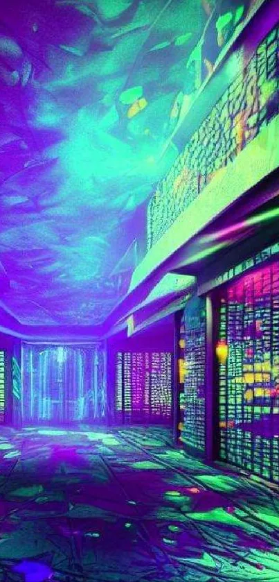 Vibrant neon abstract wallpaper with futuristic corridor.