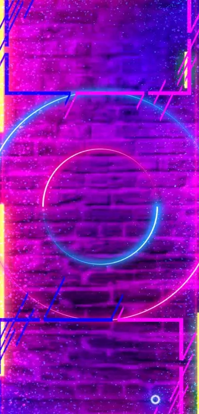 Vibrant neon abstract wallpaper with geometric shapes on a pink background.
