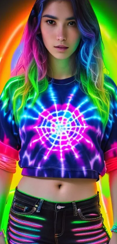 Vibrant neon aesthetic wallpaper featuring rainbow hues and spider-web design.