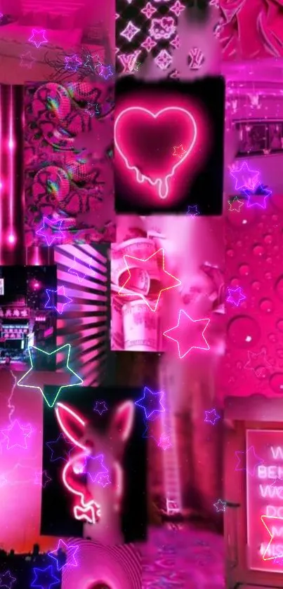 Bright neon pink collage with glowing stars and unique designs.