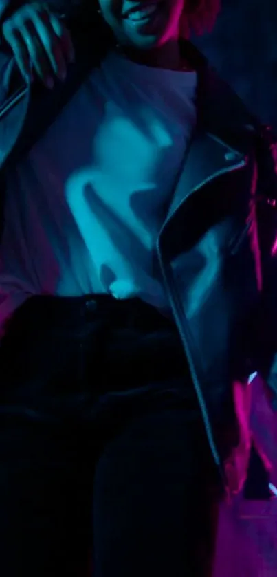 Person in a leather jacket with neon blue and purple lighting background.