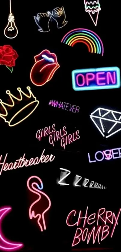 Aesthetic wallpaper with vibrant neon signs and symbols on a black background.