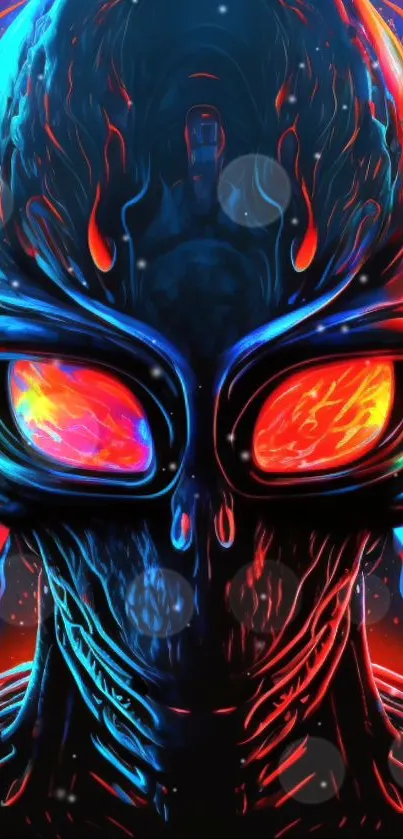 Vibrant neon alien artwork with intense blue and red hues.