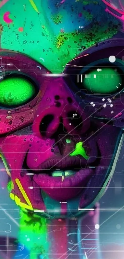 Vibrant neon alien face with striking colors.