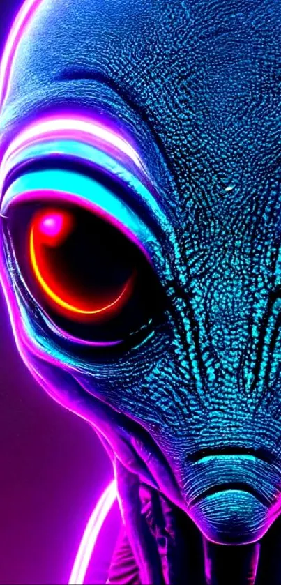 Neon alien face with vibrant blue and purple hues, perfect for mobile screen.